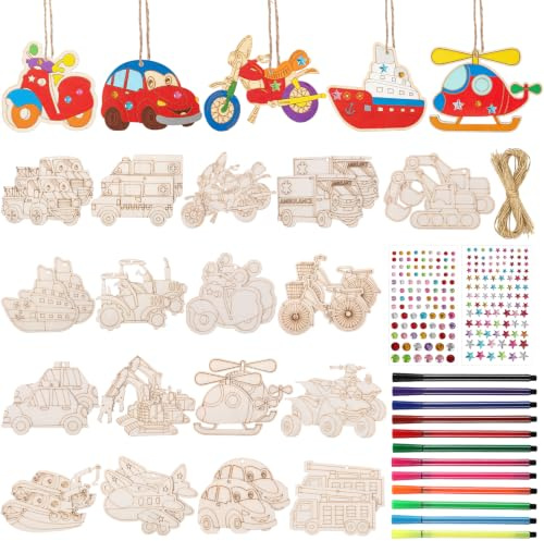 Kaisbium 49 Stück Auto Holzbastelset Kinder ab 3+ für Kindergeburtstag | Bastelsets Aquarellstift Strasssteine Holzautos zum Basteln, Fördern die Kreativität und Stärken die Eltern-Kind-Beziehung