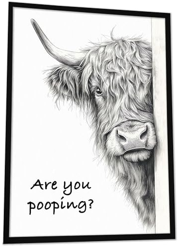JUHMI Highland Cow WC Bild Are You Pooping – Lustige Bilder Gäste WC, Bad Deko rustikal schwarz weiß, Hochlandrind Poster, Klo Deko