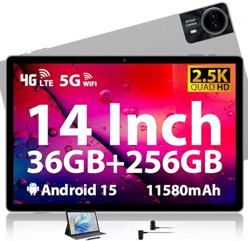 14 Inch Tablet, 2.5K Dsiplay, 36GB RAM 256GB ROM/TF 1TB, Octa-Core Gaming Tablet, 4G LTE Dual SIM + 5G WiFi, Android 15 Large Tablet, GPS/Quad Speakers/Metal Body/11580mAh, Earphone/Case/Pen Incl.