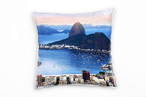 Paul Sinus Art City, blau, braun, Rio de Janeiro, Brasilien, Zuckerhut Deko Kissen 40x40cm für Couch Sofa Lounge Zierkissen - Dekoration zum Wohlfühlen