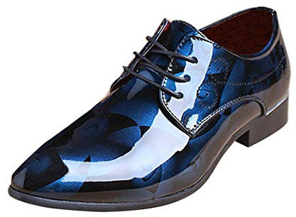 Scarpe Derby da uomo alla moda con motivo floreale, stringate, formali, a punta, lucide, piatte in finta pelle, Fiore blu., 44 EU