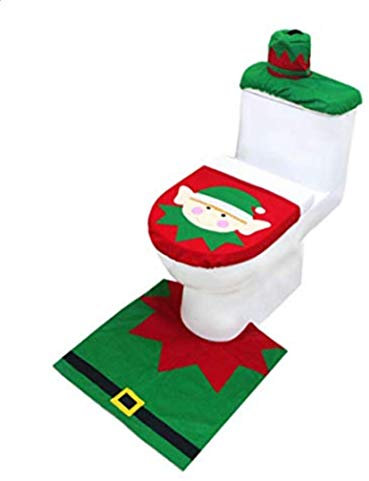 Happy Santa Toilet Seat Cover and Rug Set for Bathroom Novelty Christmas Xmas Decoration Home Decor (green and red)