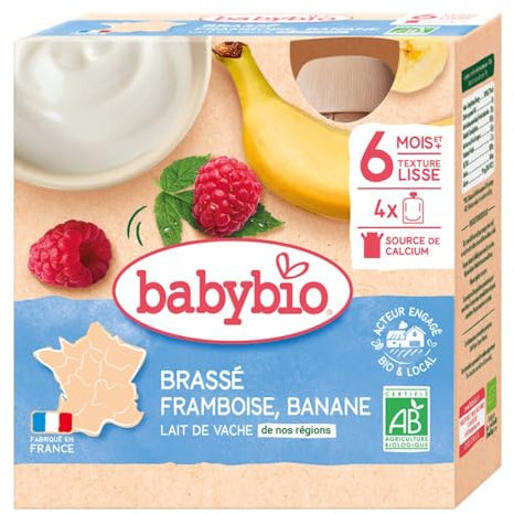 Babybio Lait de vache français - Gourdes Brassé Framboise Banane 4x85 g - 6+ Mois - BIO