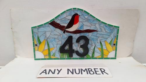 Robin Coloured Glass Mosaic House Number Plate Plaque Door Sign Choose Number