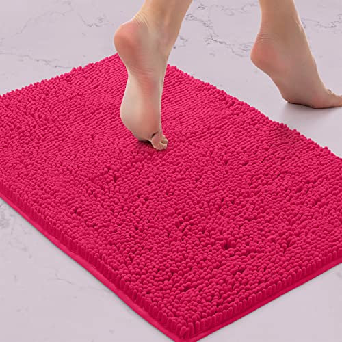 LuxUrux Bath Mat Extra-Soft Plush Bath Shower Bathroom Rug, 1'' Chenille Microfiber Material, Super Absorbent Shaggy Bath Rug (Hot Pink, 42 x 60 cm)