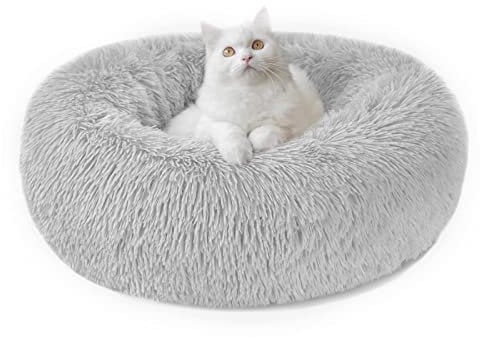 Nepfaivy Katzenbett Hundebett Flauschig Rund - Donut Kuscheliges Katzenkissen Katzenkorb Waschbar S/M/L/XL/XXL für Kleine, Mittelgroße und Große Katzen, Hunde und Andere Haustiere (M-50cm, Hellgrau)