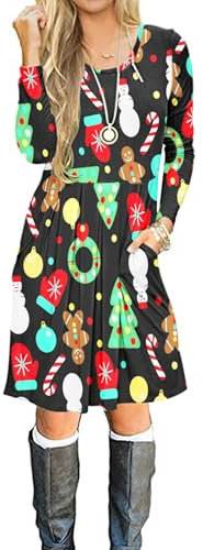 AUSELILY Manica Lunga delle Donne Piegheggiato Loose Swing Abito Casual con Tasche Lunghezza al Ginocchio Guanti dell'albero di Natale M
