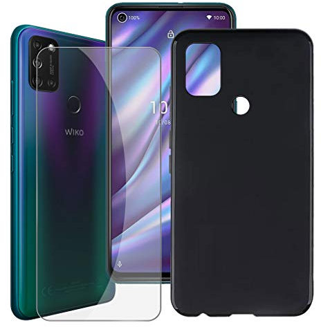 HHUAN Coque + Verre trempé Film pour Wiko View 5 Plus (6.55), Noir Cover Souple Silicone Antichoc TPU Housse Etui Bumper Case et HD écran Film Protecteur pour Wiko View 5 Plus - Black