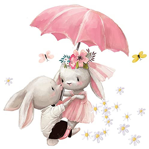 Little Deco Wandtattoo Babyzimmer Hasen & Regenschirm I Wandbild 53 x 47 cm (BxH) I Blumen Aufkleber Kinderzimmer Mädchen Wandsticker Baby Mädchenzimmer DL601