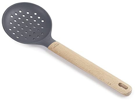 LACOR 68188 Espumadera Silicona Unite, Paleta Agujereada Profesional, Mango de Madera de Haya, No Daña la Sartén, Resistente a Altas Temperaturas, Libre de BPA, Largo: 34 cm, Ø11, Gris
