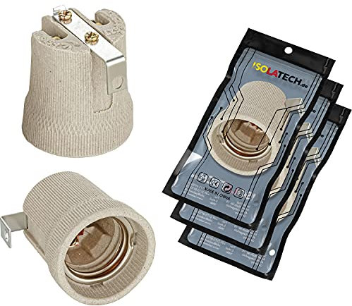 ISOLATECH 3Stk E27 grau Keramik Fassung mit Befestigungswinkel/Innenbügel (max.250V/4A) Leuchtmittel für Home Decke Installation Badezimmer Küche Kühlschrank Halterung Sockel einbauen hitzebeständig