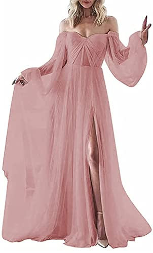 Robe de soirée formelle à manches longues et épaules dénudées en tulle avec fente latérale pour femme, vieux rose, 48