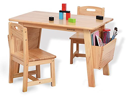 KRAND Kids Solid Wood Table and 2 Chair Set with Storage Desk and Chair Set for Children Toddler Activity Table (Solid Wood/Natural)