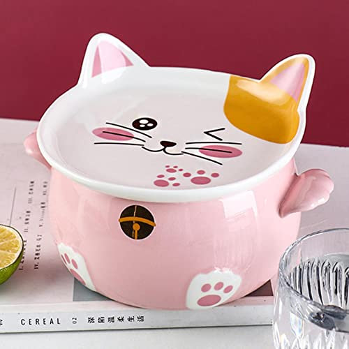 JIMINISO Schöne Katzen-Ramen-Schüssel mit Essstäbchen, Deckel, Löffel, Teller, Keramik, niedlich, für Küche, Salat, Obst, Instant-Nudeln, Reis, große Schüssel