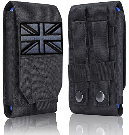Aprocase Black Upgrade Universal Tactical Molle Mobile Phone Holster Heavy Duty Waterproof Smartphone Waist Bag for iPhone 13 Pro Max Samsung Galaxy S22 S21 4.7''-6.7'' Phone with UK Flag Patch