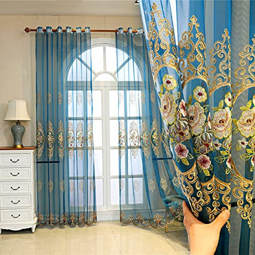 Lsimeru Blumen Vorhang Transparent mit Ösen Blau Stickerei Vintage Barock Luxus 2 Stücke Ösenvorhang Gardinen Durchsichtig Dekoschal Wohnzimmer Schlafzimmer,140x245