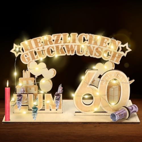Geldgeschenke 60 geburtstag,60.Geschenke Dekoration mit LED Lichterkette,Geschenke aus Holz zum 60 Geburtstag Mann Frau，Geldgeschenke geburtstag holz für Männer und Frauen