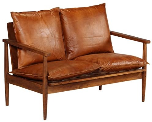 ZQQLVOO Freizeit-Polstersofas, Rückensofas mit Armlehnen, Wohnzimmer Möbel,2-Sitzer-Sofa Leder mit Akazienholz Braun für Wohnzimmer Schlafzimmer Büro, komfortabel langlebig