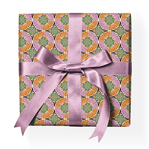 Trendiges 70s Geschenkpapier Set: Cooles Geschenkpapier mit Herzen und Ornamenten Dekorpapier, Musterpapier zum basteln, Einpacken von feinen Geschenken, orange grün, Format: 32 x 48cm, 4 Bogen