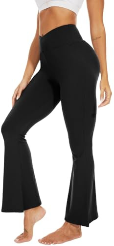 Sundwudu Black Flare Yoga Pants for Women - Soft High Waist Bootcut Leggings Tall & Long Bootleg Pants for Women, Black-Cross, S