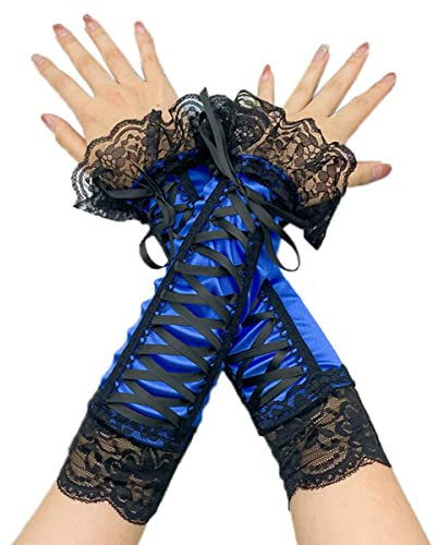 CAMDOM Punk Vintage Spitze Handärmel Hochzeit Kleid Handschuhe Damen Cosplay Festival Performance Handschuhe, blau, One size