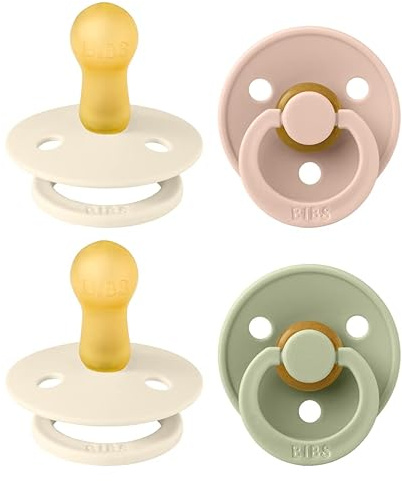 BIBS Colour Dummy, 6-18 Months, 4-Pack, Round Teat, Ivory Mix | Natural Rubber Latex | Size 2 | BPA-Free | Made in Denmark | High Teat Acceptance | Airflow Holes | Comfort Shield