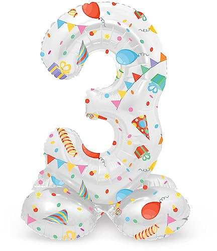 Folat 64763 Luftballon Geburtstag Stehender Ziffer Zahl 3 Joyful Party Weiß mit Geschenke und Dekoration 41 cm - Decoration Geburtstagdeko, Ballon Zahl, Kein Helium erforderlich