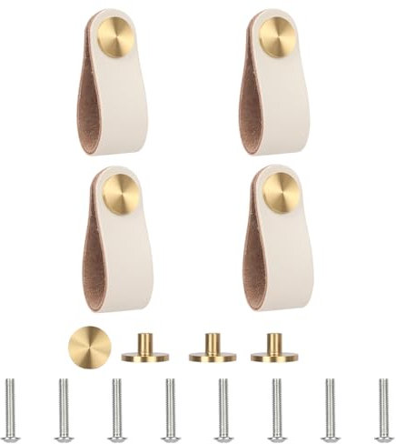 Lollanda 4 Stück Ledergriffe Für Möbel, Schrankknöpfe Mit Schrauben, 13 x 2,5 cm Türgriff für Küche, Bad, Schränke, Kommode, Holz, Kleiderschrank (Cremeweiß, 4)