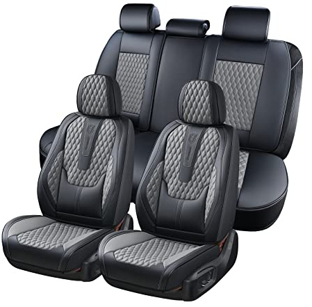Coverado Car Seat Covers Full Set, Nappa Leather Seat Covers for Car, Waterproof Car Seat Protector with Lumbar Support, Automotive Seat Covers Universal Fit for Most Cars SUV Trucks (Gray)