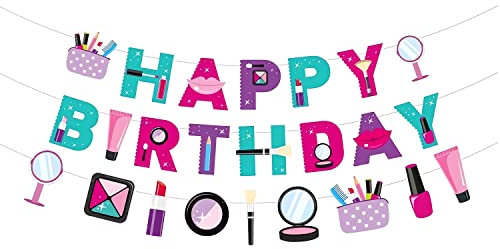 EVECILOO Make-up Geburtstag Banner, Spa Motto Party Make-up Happy Birthday Banner, Spa Party Dekorationen, Lippenstift Banner, Mädchen Make-up Party DIY Dekorationen
