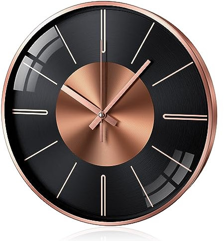 HOSTON Wanduhr 12 Zoll Silent Non Ticking Moderne Uhr Runde Wanddekoration, Aluminium Wanduhren für Wohnzimmer Küche Büro (12 Inches, Roségold, Skala)