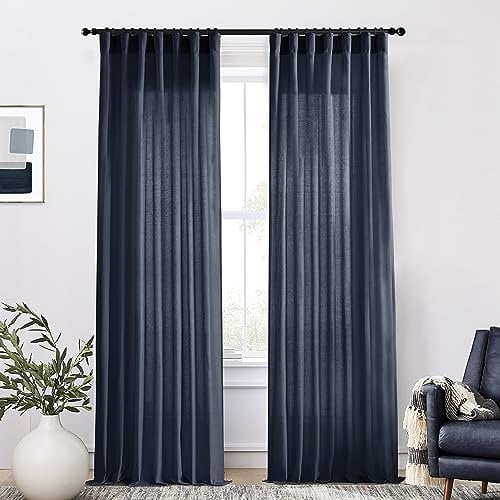 XTMYI Indigo Blue Curtains 108 Inches Long for Living Room 2 Panels Set Back Tab Hook Pleat Linen Extra Long Sheer Curtain Drapes for Dining Room,Total Wide 100 x 108 Inch Length,Dark Navy