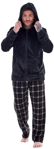 Keanu Herren-Pyjama aus Microfleece, einfarbig, Rundhalsausschnitt, Oberteil mit karierter Unterseite, Loungewear, superweiches Fleece, verschiedene Designs, Größen S, M, L, XL, 2XL, Schwarzer
