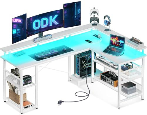 ODK L Shaped Gaming Desk with LED Lights & Power Outlets, 168×120cm Reversible Corner Desk with Storage Shelves, Computer Desks with Monitor Stand, White