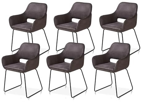 KHG 6er Set Esszimmerstuhl Polsterstuhl mit Armlehnen Grau Industrial Look - Kufenstuhl Armlehnstuhl (BHT) 56x82x59 cm - Mikrofaser in Lederoptik perfekt für Esszimmer Küche Büro