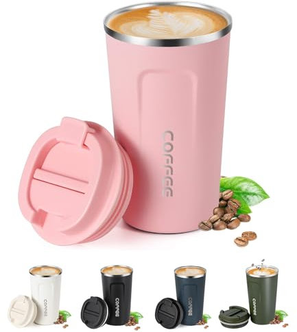 Senshuomy Stainless Steel Travel Mug, 510ml, Pink, Spill Proof, Insulated Coffee Cup for Keep Hot/Ice Coffee, Tea and Beer