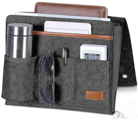 Bringsine Bedside Caddy, Felt Bed Storage Organizer Hanging Bag Holder with 5 Pockets for Magazine Book Phone Tablet iPad Cables Remote & Water Bottle Holder Home Dorm Bed Sofa-Deep Gray