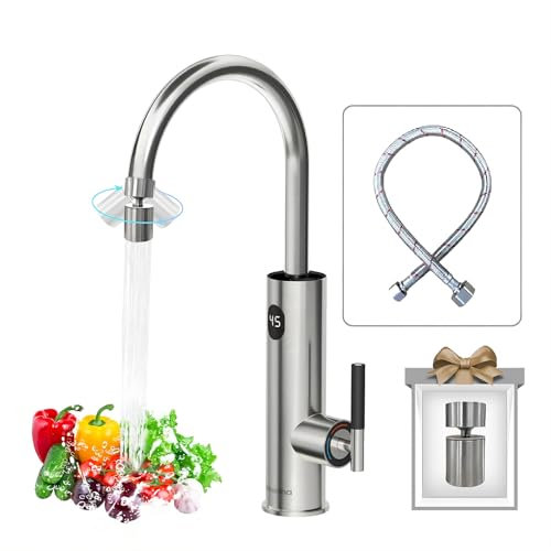 Briwellna elektrische wasserhahn 220V wasserhahn mit durchlauferhitzer 360 Grad Rotieren und Digitalanzeige,Warmwasserhahn mit Universelle Düse(Silber)