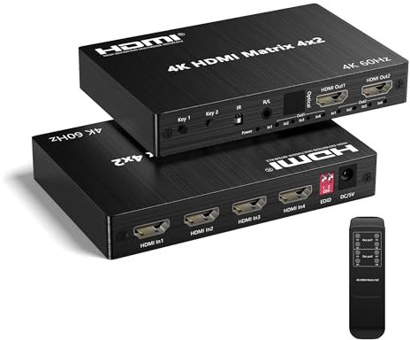 HDMI Switch 4x2, 4K 60Hz HDMI Matrix Splitter 4 in 2 Out mit Fernbedienung, HDMI-Umschalter 4x2, unterstützt 3D-Video, Audio LPCM/Dolby/DTS 5.1, 18 Gbit/s, EDID