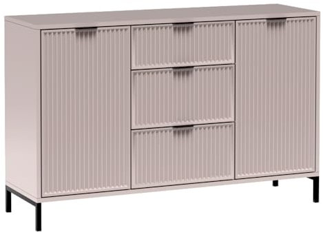 Kommode in Kaschmir beige mit Rillenoptik 135 cm Sideboard Anrichte Stauraumschrank Wohnzimmerschrank modern Rillen Fronten