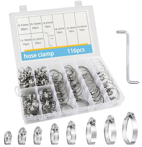 116 Pcs Hose Clips Set 8-44mm Adjustable Jubilee Clips Assorted Stainless Steel Hose Clamps, Worm Drive Pipes Hose Clips, Tube Joining Clip with Screwdriver for Water Pipe, Automobile Pipe, Gas Pipe