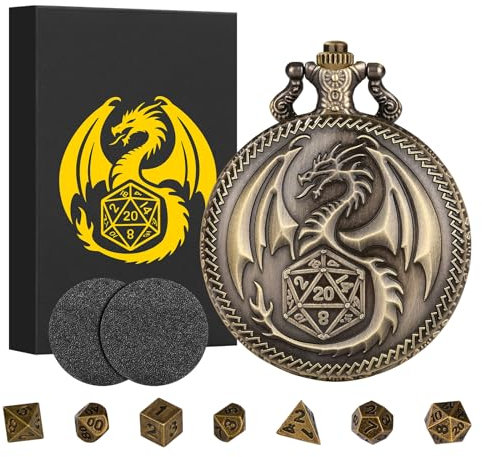 Mini Set di Dadi in Metallo Poliedrico DND, Guscio a Forma di Orologio a Taschino Steampunk Dragon, 7 Pezzi, Regali per DND con Scatola Regalo, Accessori per Giochi di Ruolo, Dadi e accessori, Bronzo
