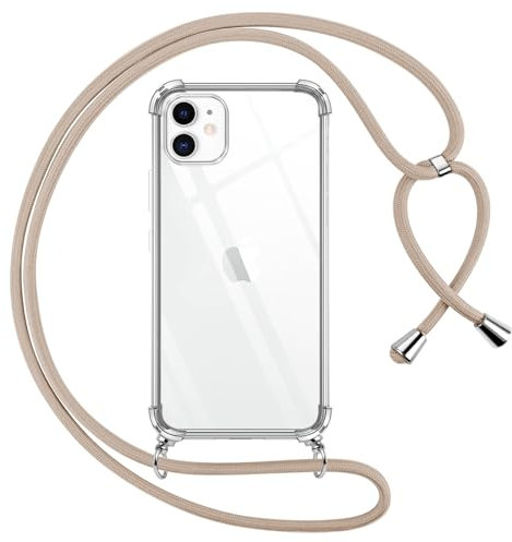 Pnakqil handyband für iPhone 12/iPhone 12 Pro Hülle mit Band, Transparent Weich Silikon mit Kordel Necklace Schnur Anti-Fall Bumper Schutzhülle Case Kompatibel mit iPhone 12 6.1, Khaki