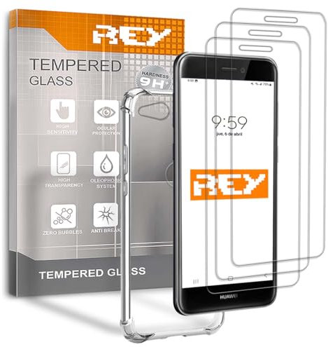 REY 3X Protector de Pantalla y Funda Anti-Shock para Huawei P8 Lite 2017, Cristal Vidrio Templado y Silicona TPU de Alta Resistencia