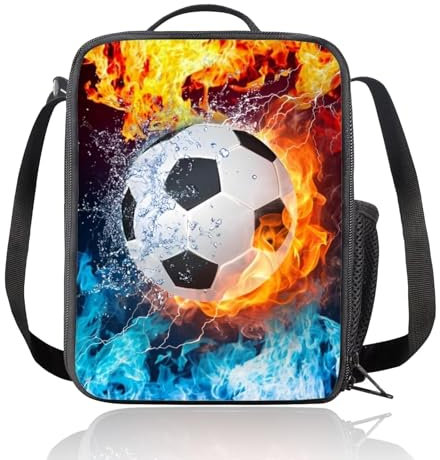 Lonchera de fútbol para niños y niñas, bolsa de almuerzo aislada de fútbol, reutilizable, bolsa de almuerzo cálida con soporte para botella de bebidas, para escuela, picnic, viajes, senderismo (bolsa
