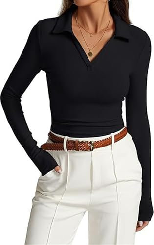 Womens Long Sleeve V Neck Polo Shirts Basic Casual Going Out Tops Business Work 2024 Fall Tops Black Collared Shirt (Black,L)