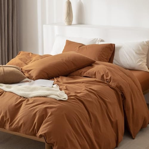 Freyamy Baumwolle Bettwäsche 220x240cm 3teilig Karamell Baumwolle Renforce Bettwäsche Set Unifarben Leinenoptik Deckenbezug Uni Elegant Bettbezug mit Reißverschluss und 2 Kissenbezug 80x80cm