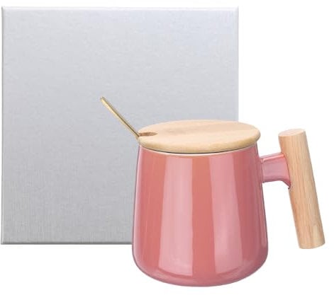 sourcing map Ceramic Coffee Mug Set 12.85 Oz Simple Wooden Handle Large Tea Cup Handmade Ceramic Mugs Gift Box with Lid and Spoon for Office Kitchen Home and Gifts for Women and Men, Pink