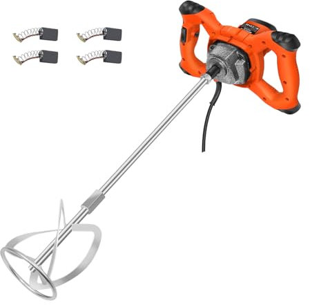 Leistungsstarker Elektro Rührwerk Mörtelrührer mit M14-Gewinde und Rührstab, 120mm Mixerdurchmesser, 6-stufig einstellbar, Feststellknopf, zum Mischen von Farbe, Gips, Zement (Orange)