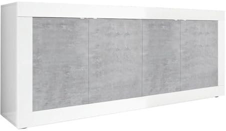AltoBuy OTELLO - Buffet 4 Portes Finition Blanc Laqué et Aspect Béton